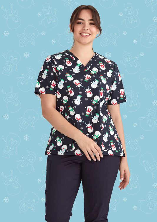 BIZ CARE Womens Christmas V-Neck Short Sleeve Scrub Top CST346LS