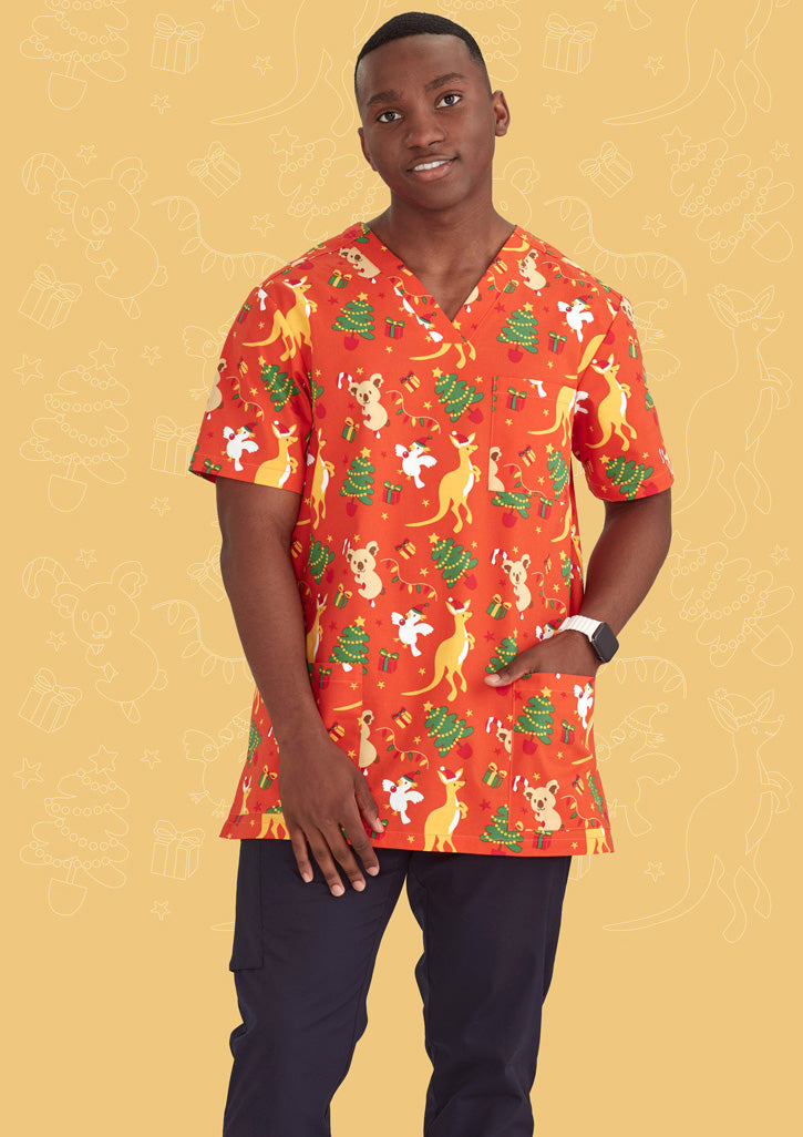 BIZ CARE Mens Christmas V-Neck Short Sleeve Scrub Top CST346MS