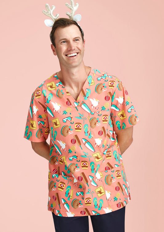 BIZ CARE Mens Christmas Short Sleeve V-neck Scrub CST446MS